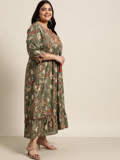 Mehendi Green Rayon Festive Wear Embroidered & Printed Tiered Dress