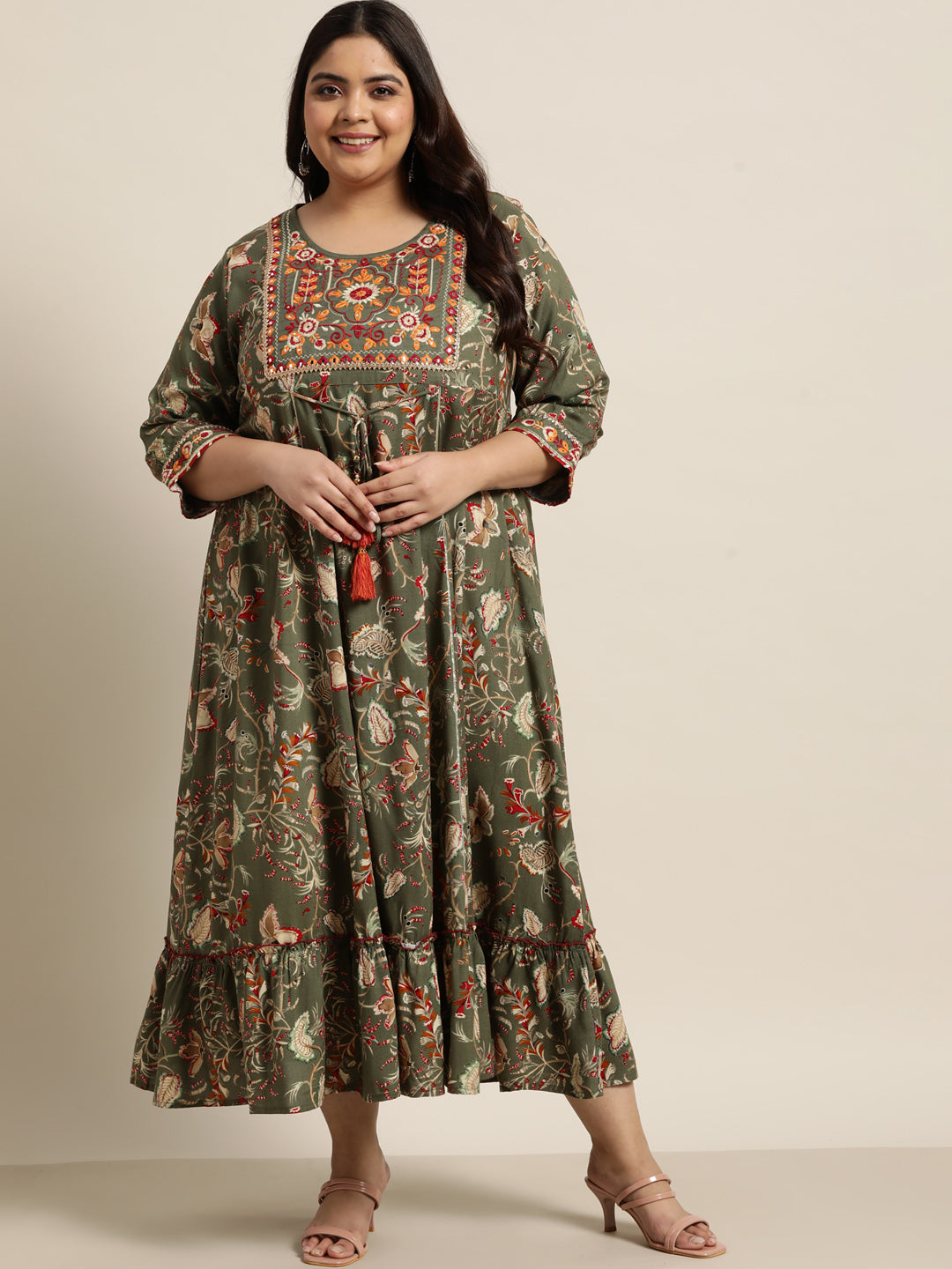 Mehendi Green Rayon Festive Wear Embroidered & Printed Tiered Dress