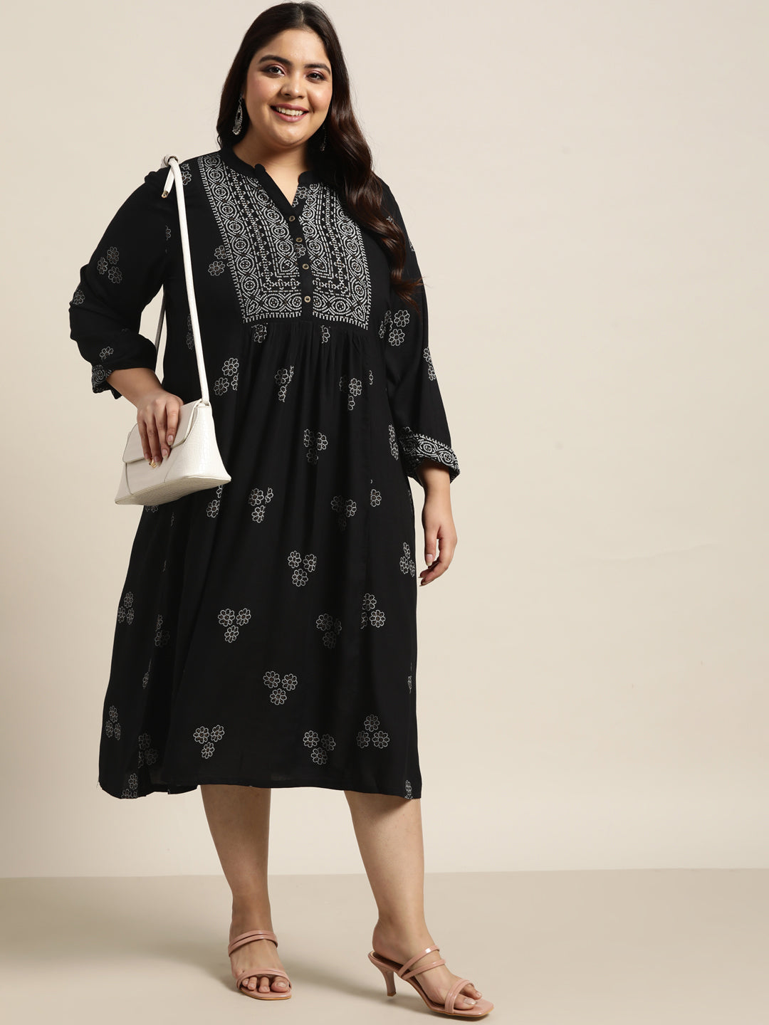 Black Rayon Casual Wear Printed Flared Dress