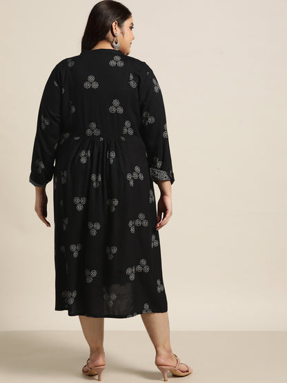 Black Rayon Casual Wear Printed Flared Dress