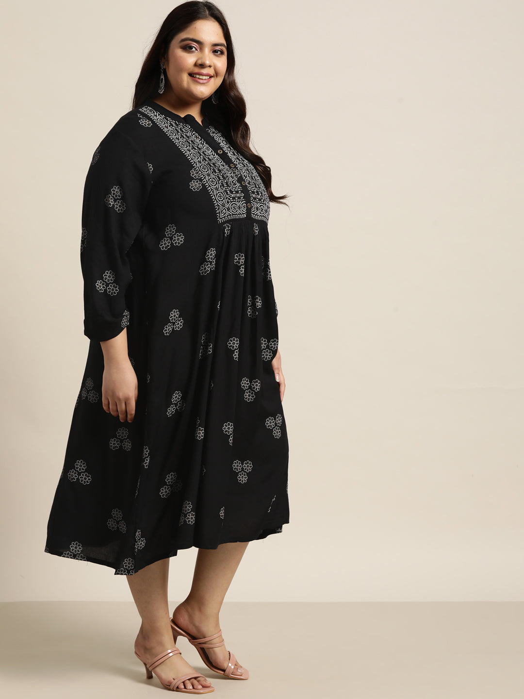 Black Rayon Casual Wear Printed Flared Dress
