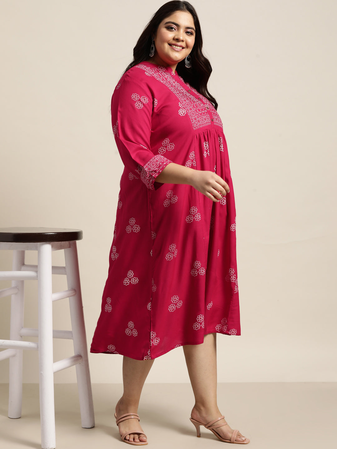 Fuchsia Rayon Casual Wear Printed Flared Dress
