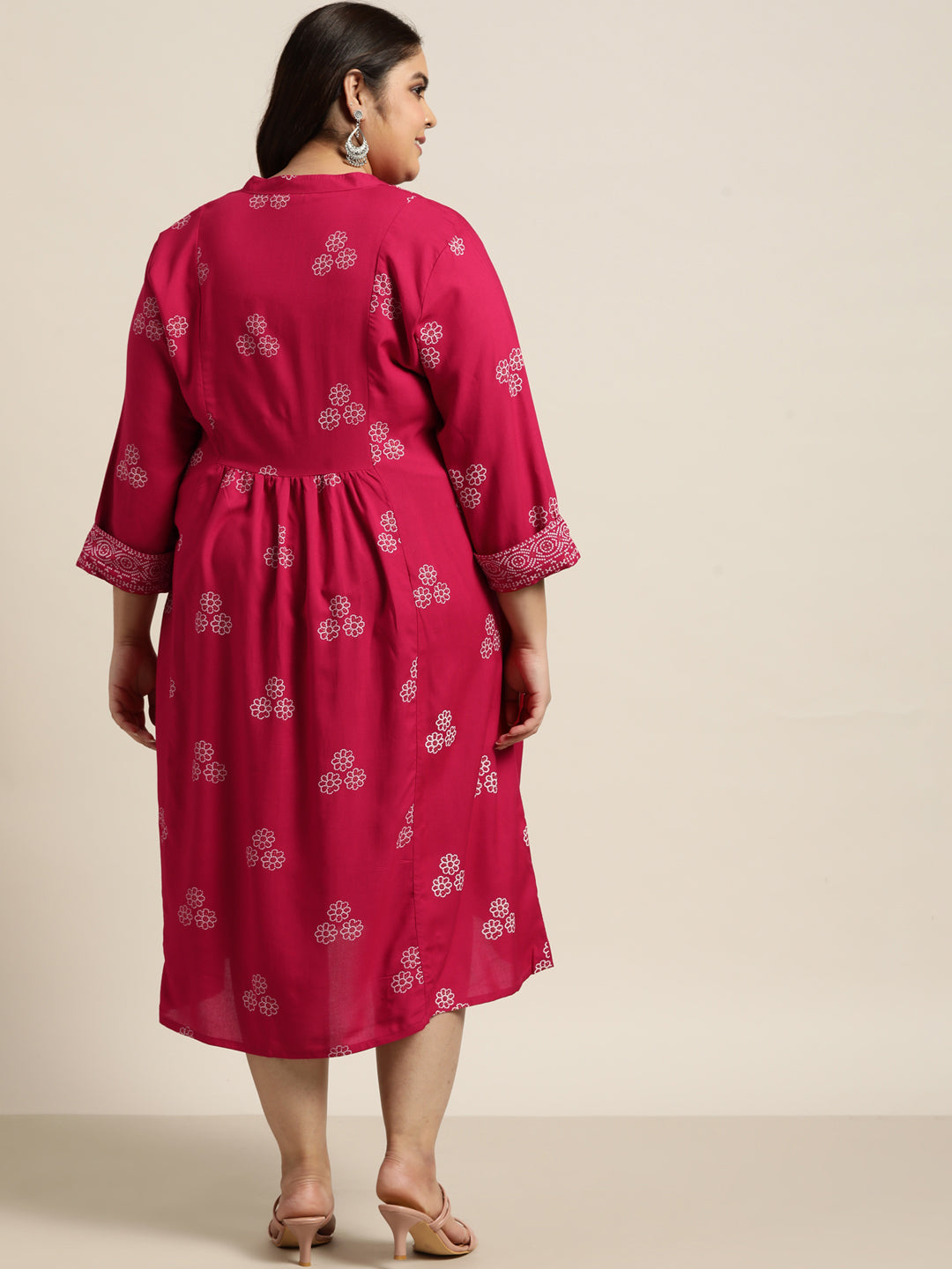 Fuchsia Rayon Casual Wear Printed Flared Dress