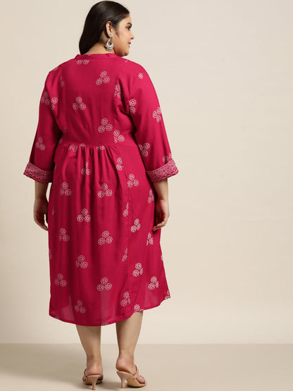 Fuchsia Rayon Casual Wear Printed Flared Dress