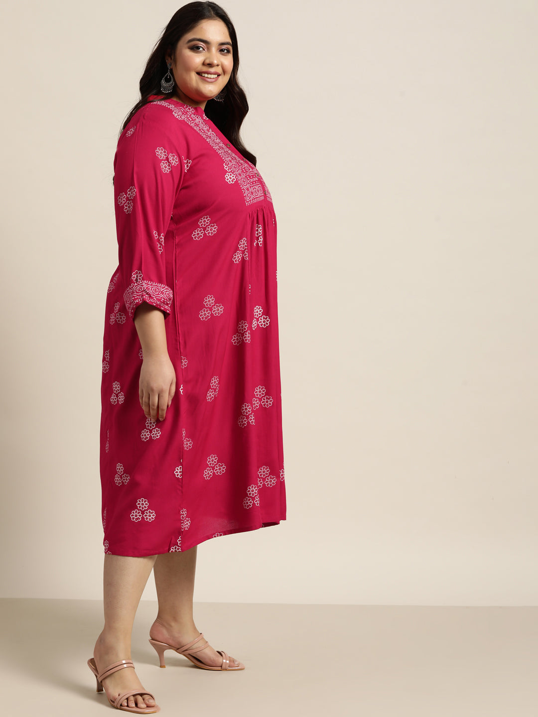 Fuchsia Rayon Casual Wear Printed Flared Dress