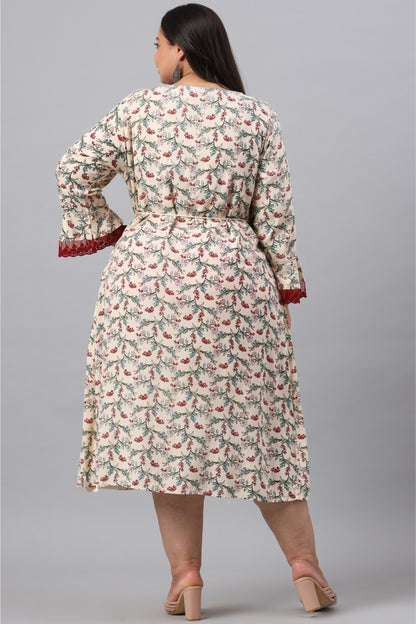 Ivory Rayon Festive Wear Embroidered & Printed Flared Dress