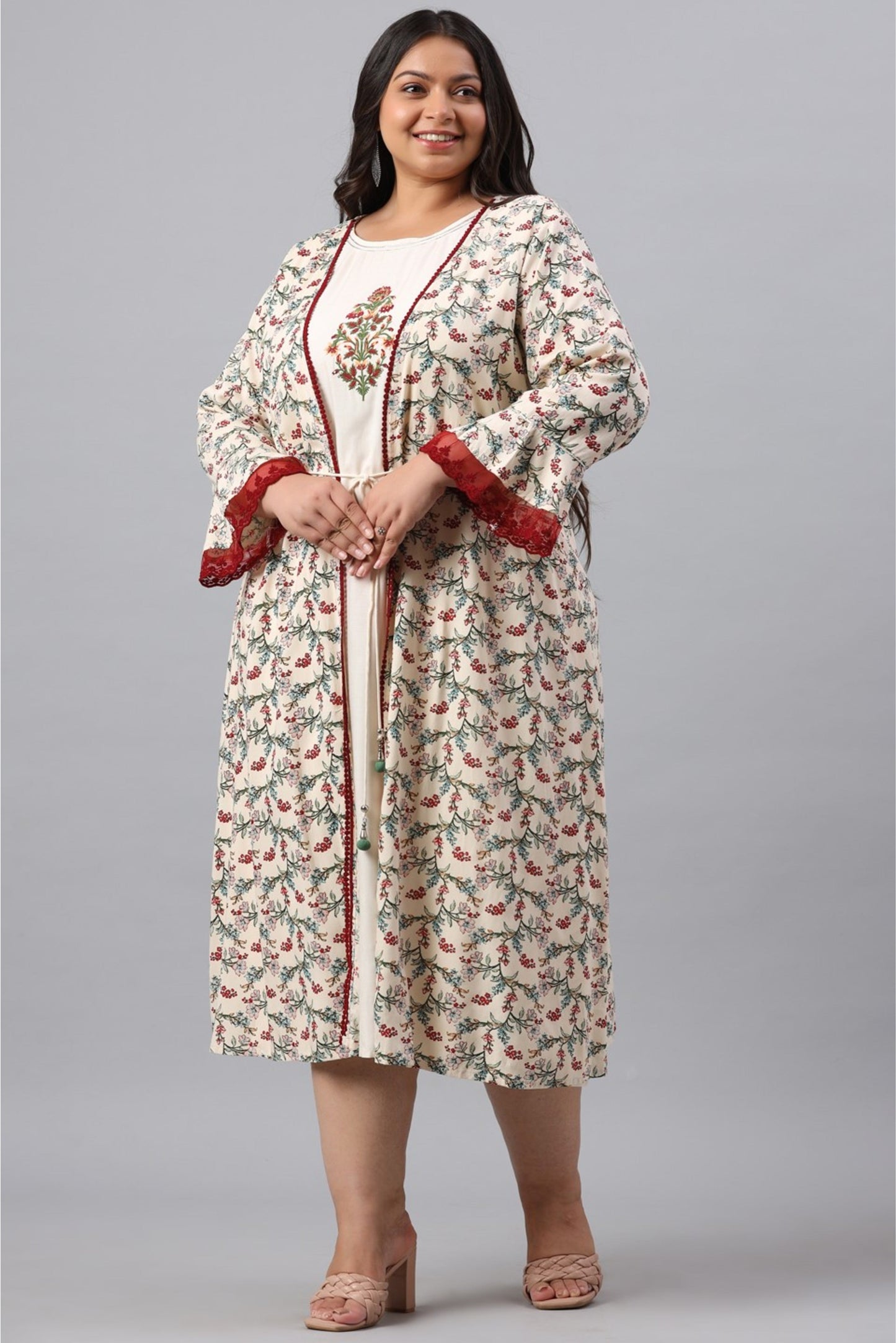 Ivory Rayon Festive Wear Embroidered & Printed Flared Dress