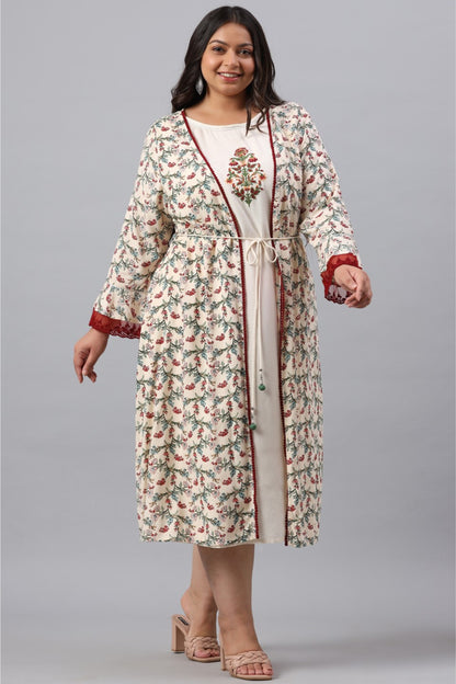 Ivory Rayon Festive Wear Embroidered & Printed Flared Dress