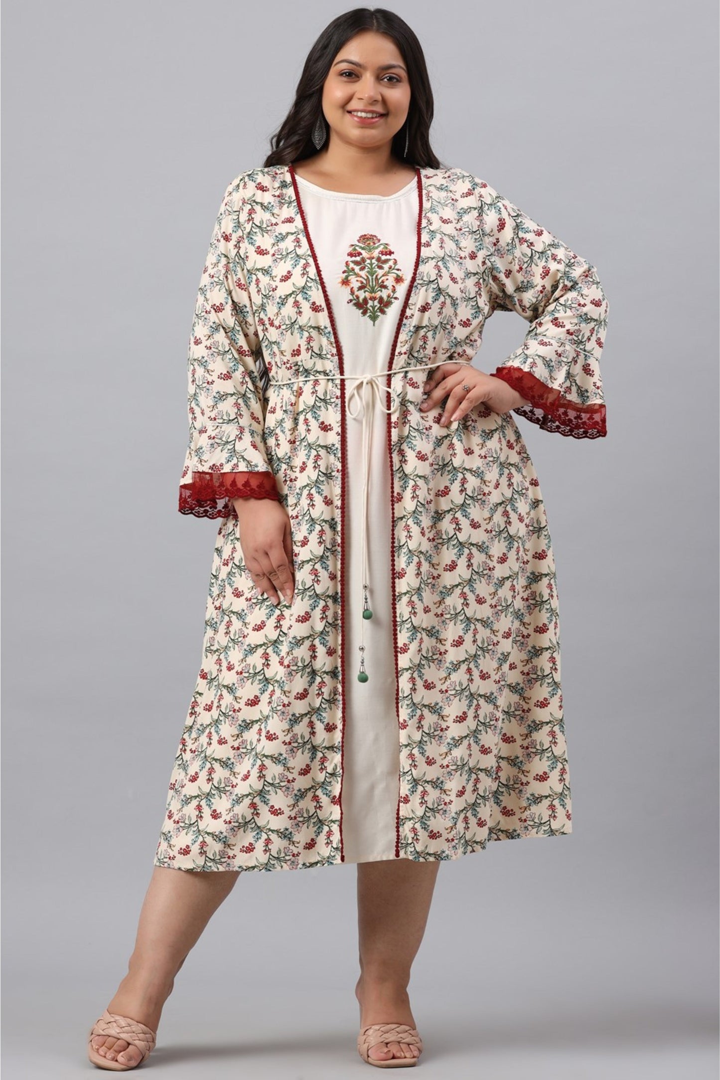 Ivory Rayon Festive Wear Embroidered & Printed Flared Dress