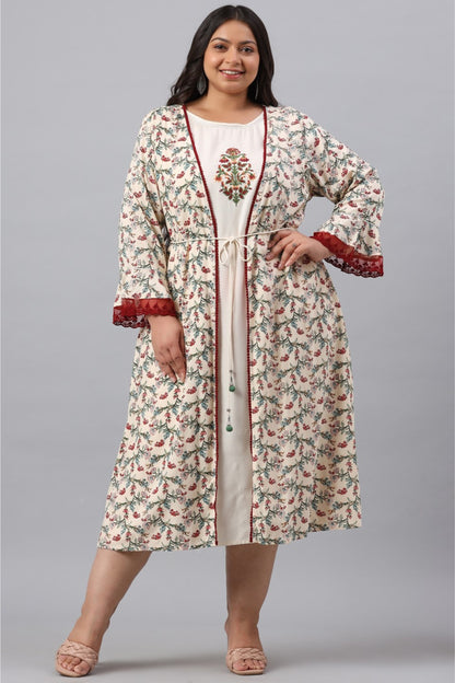 Ivory Rayon Festive Wear Embroidered & Printed Flared Dress