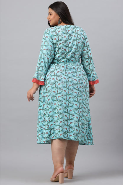 Sky Blue Rayon Festive Wear Embroidered & Printed Flared Dress