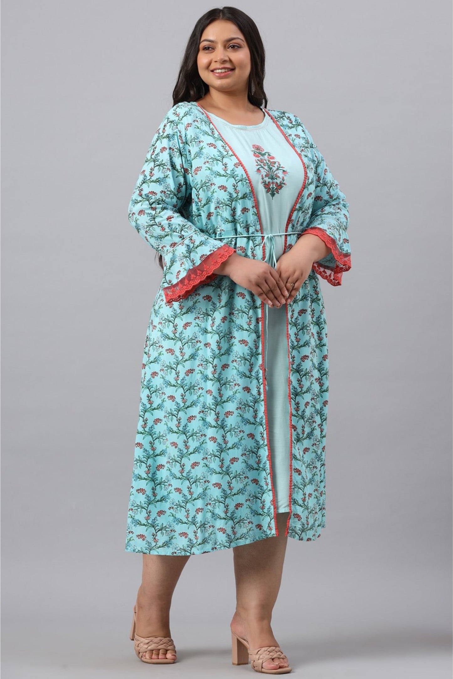 Sky Blue Rayon Festive Wear Embroidered & Printed Flared Dress