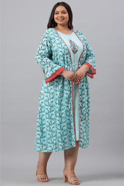 Sky Blue Rayon Festive Wear Embroidered & Printed Flared Dress