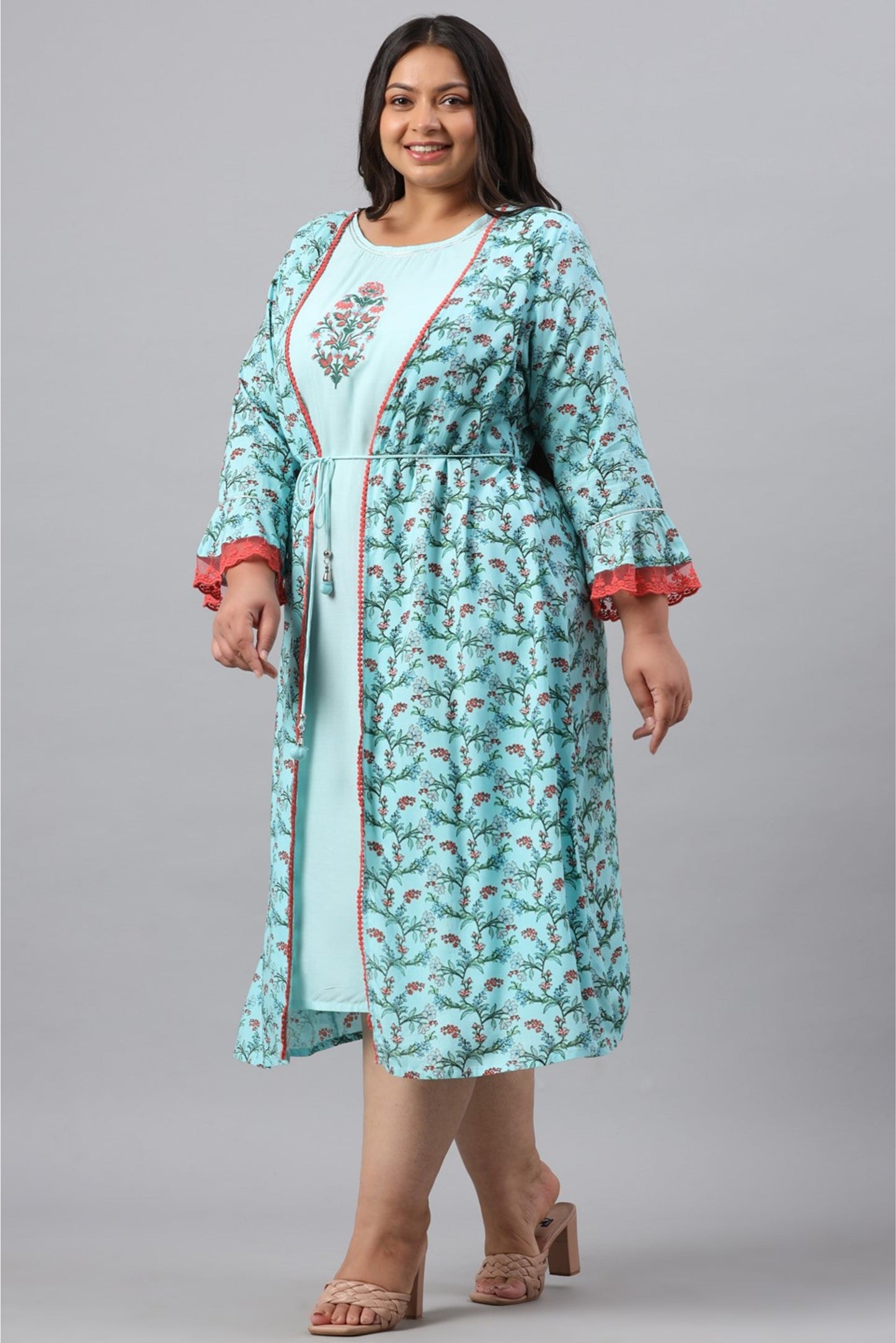 Sky Blue Rayon Festive Wear Embroidered & Printed Flared Dress