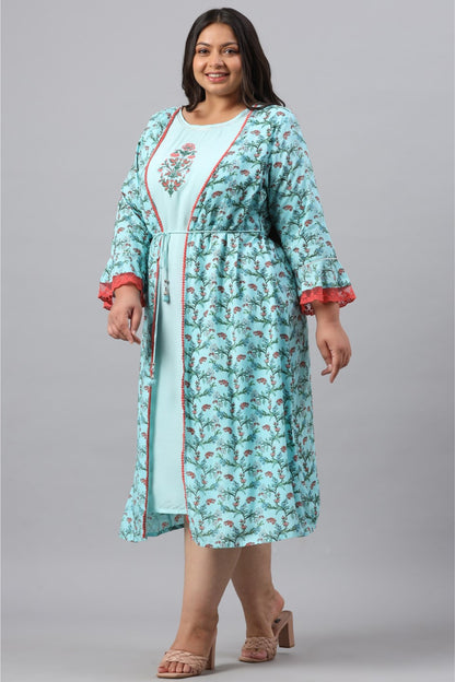 Sky Blue Rayon Festive Wear Embroidered & Printed Flared Dress