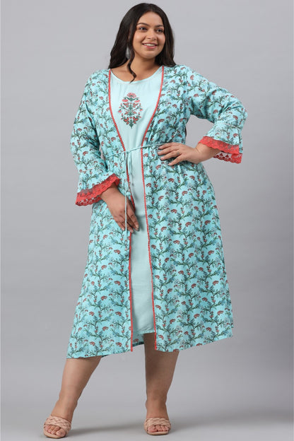 Sky Blue Rayon Festive Wear Embroidered & Printed Flared Dress