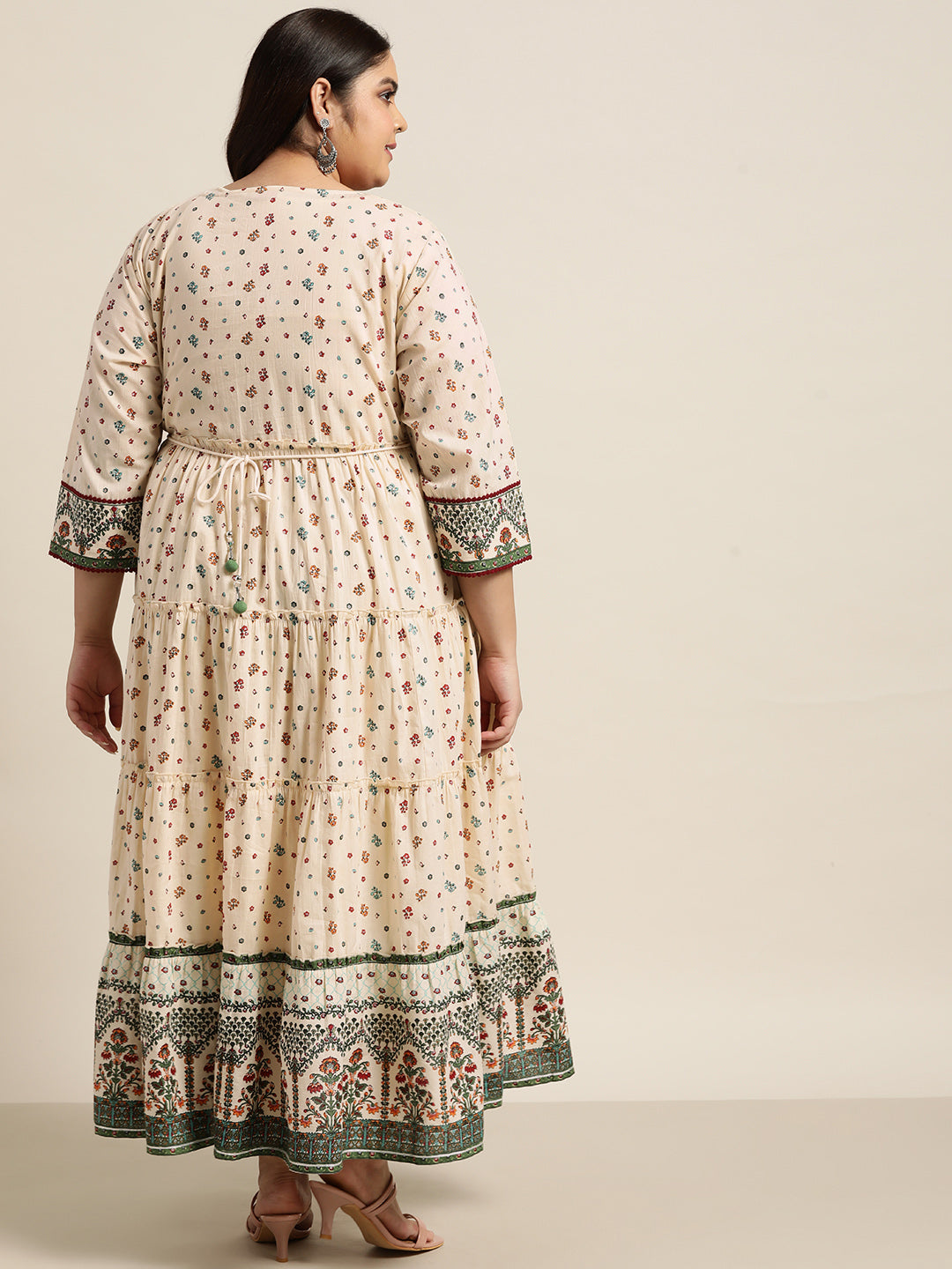 Ivory Cambric Festive Wear Printed Tiered Dress