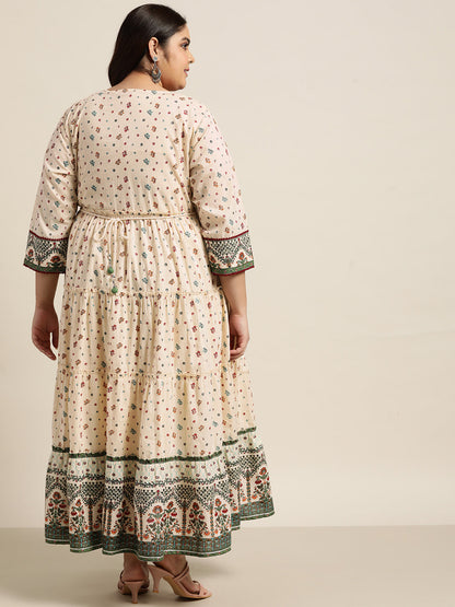 Ivory Cambric Festive Wear Printed Tiered Dress