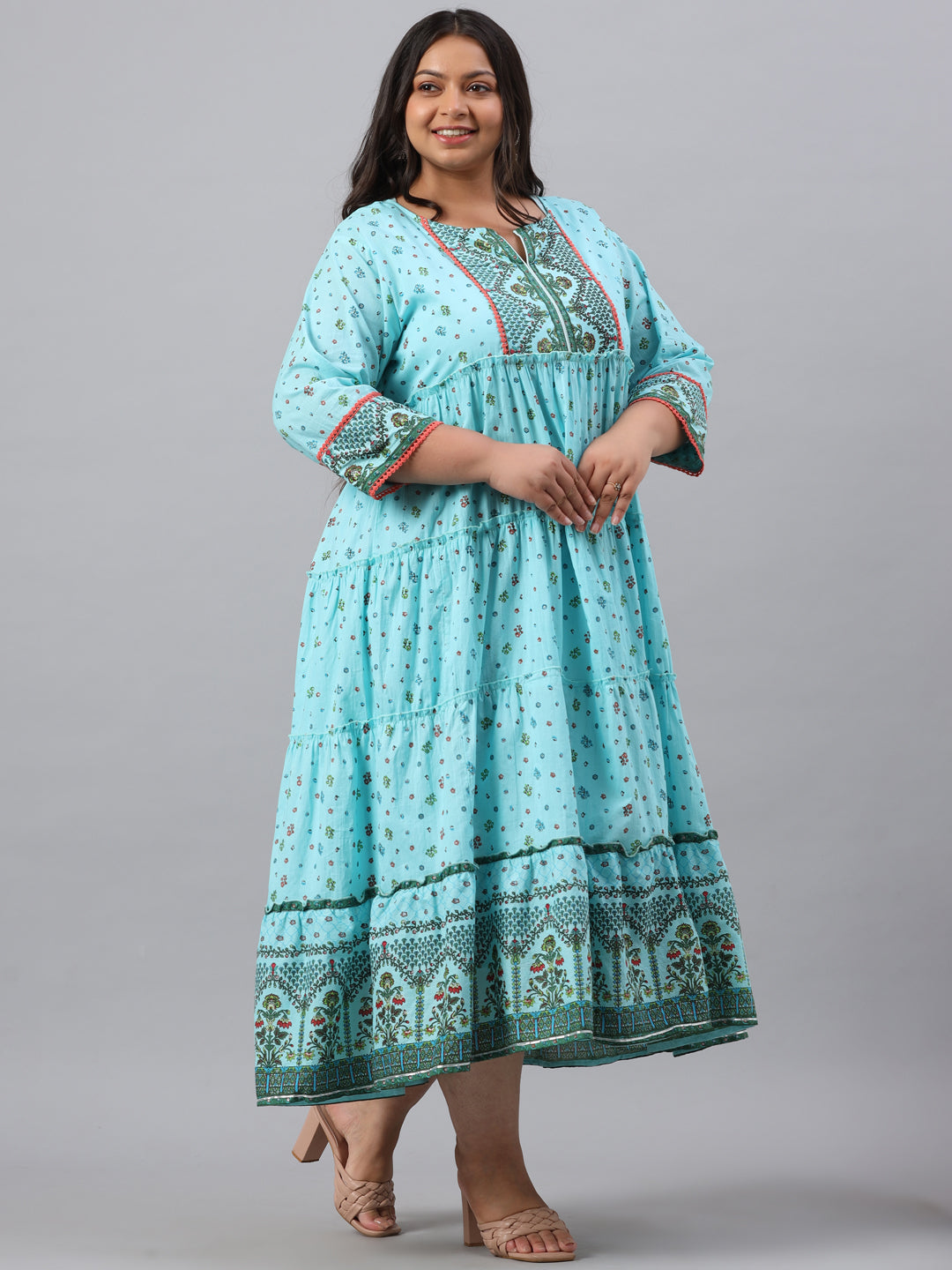 Sky Blue Cambric Festive Wear Printed Tiered Dress