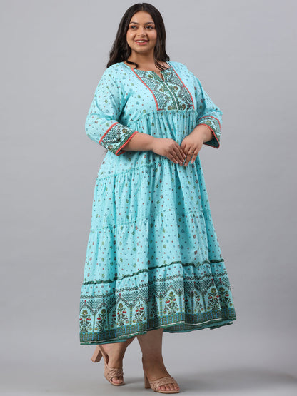 Sky Blue Cambric Festive Wear Printed Tiered Dress