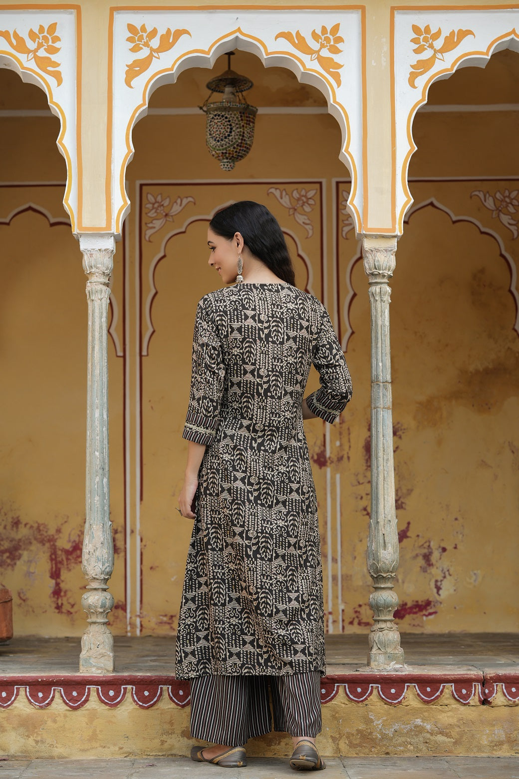 Black Rayon Staple Embroidered & Printed A-Line Kurta Sets