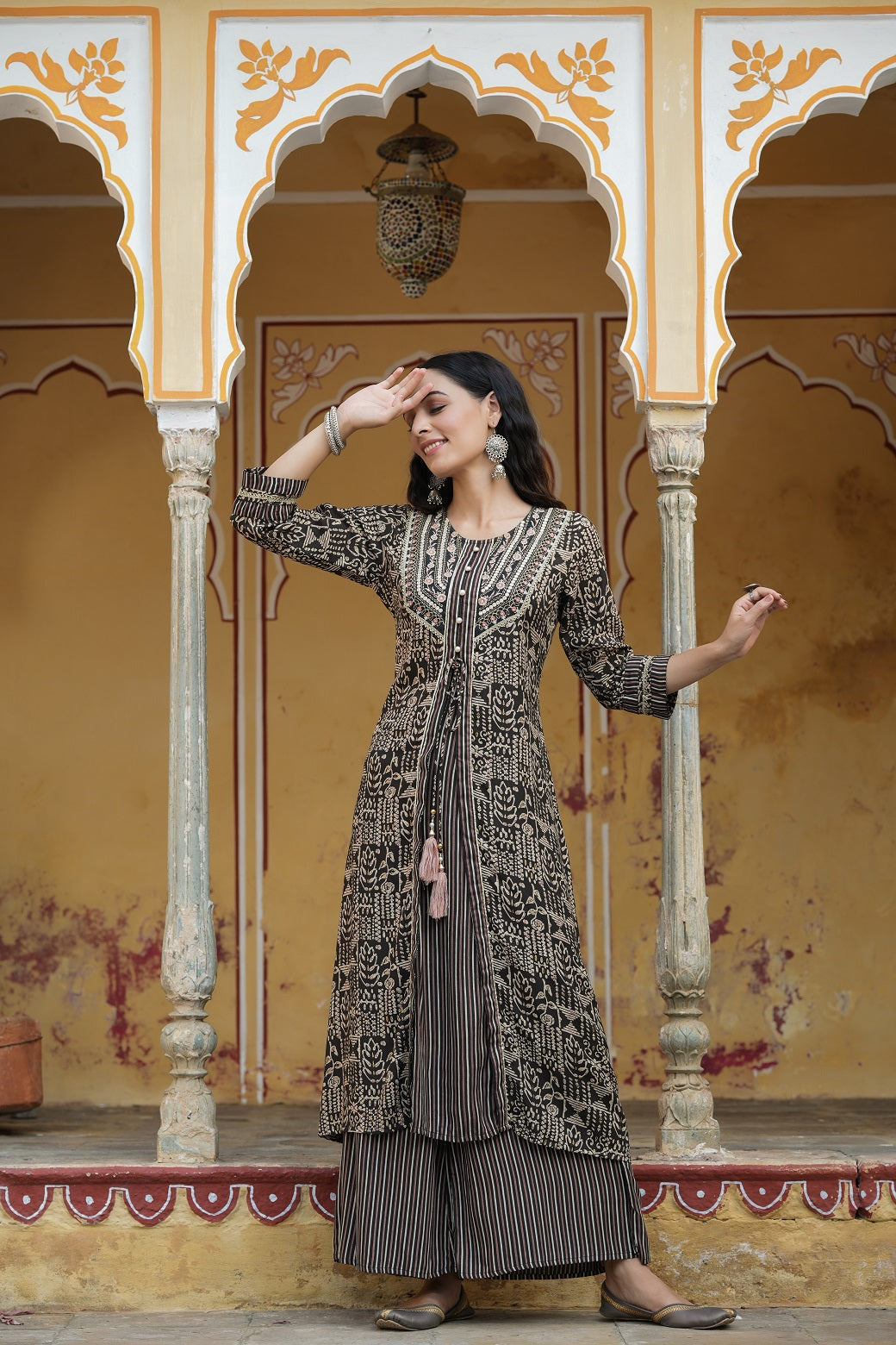 Black Rayon Staple Embroidered & Printed A-Line Kurta Sets