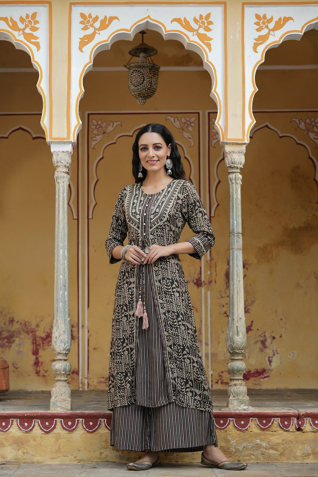 Black Rayon Staple Embroidered & Printed A-Line Kurta Sets