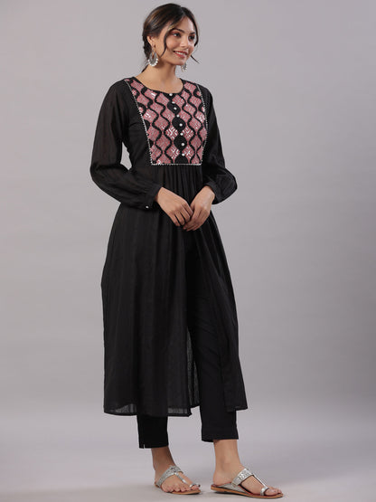 Black Cotton Dobby Solid With Embroidery Flared Kurta Sets