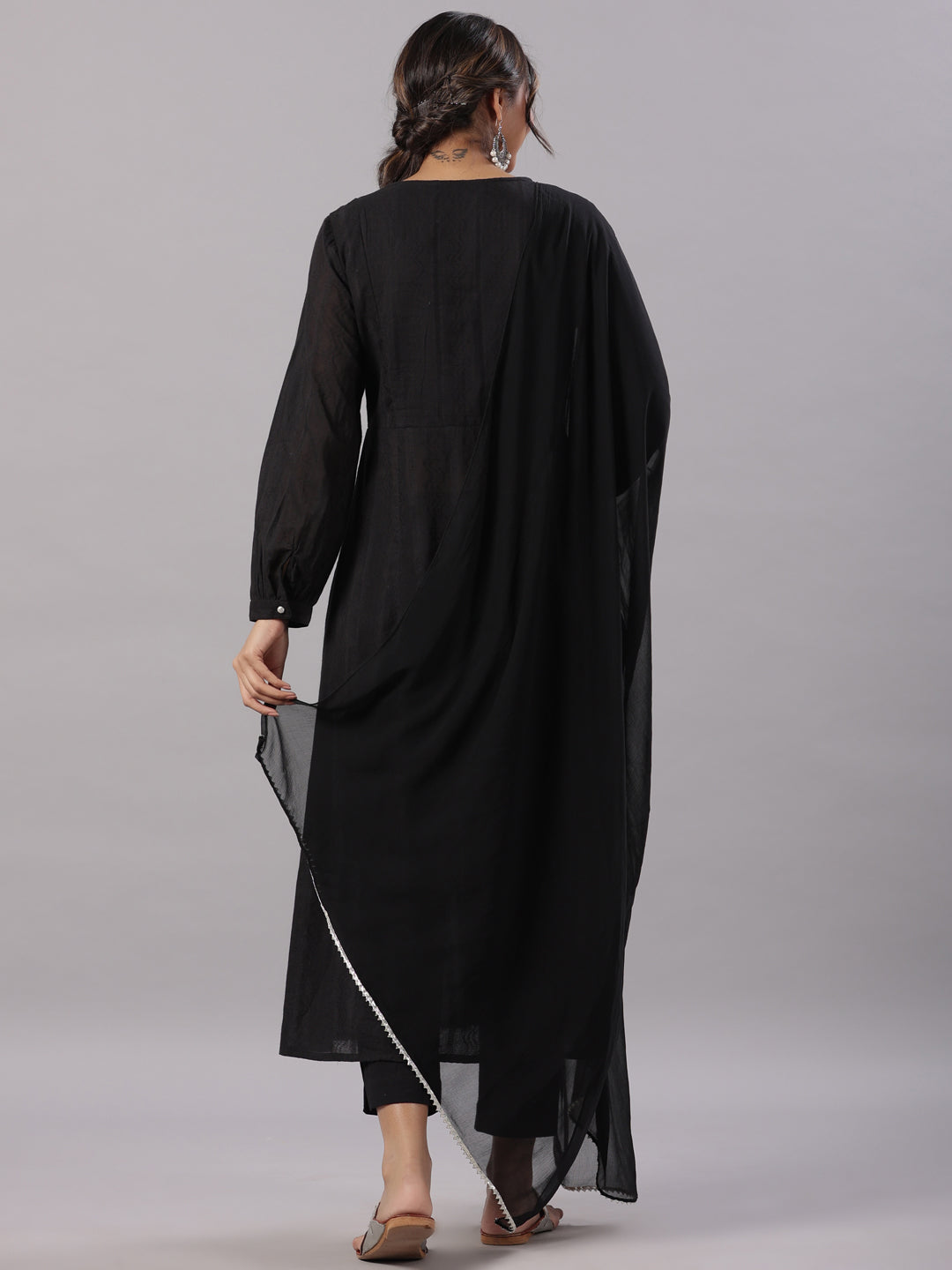 Black Cotton Dobby Solid With Embroidery Flared Kurta Sets