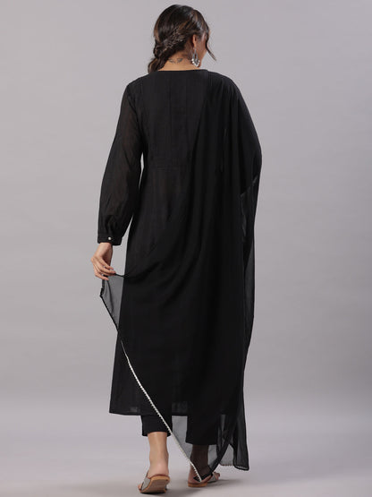 Black Cotton Dobby Solid With Embroidery Flared Kurta Sets