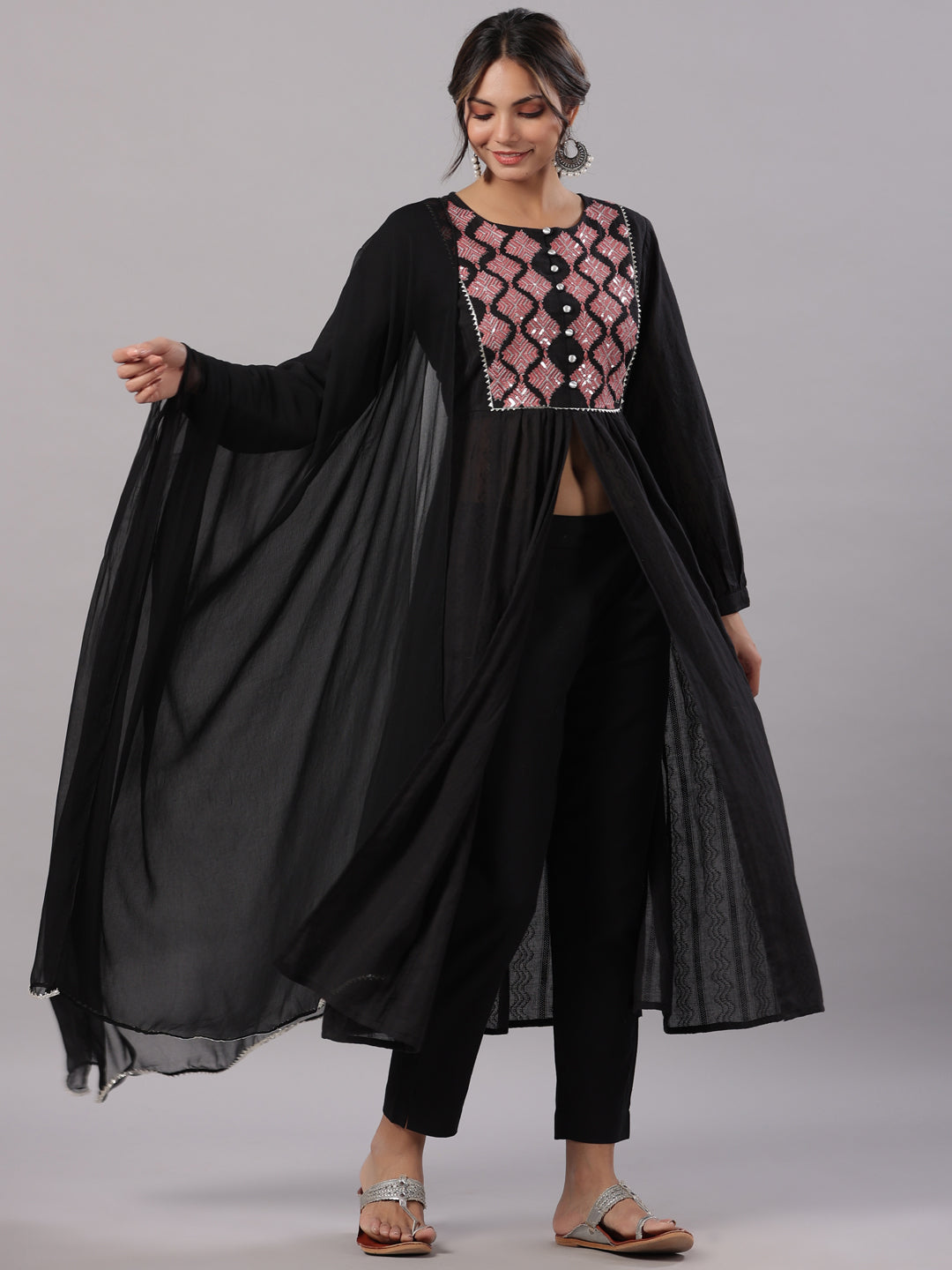 Black Cotton Dobby Solid With Embroidery Flared Kurta Sets