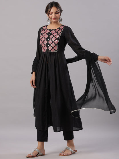Black Cotton Dobby Solid With Embroidery Flared Kurta Sets