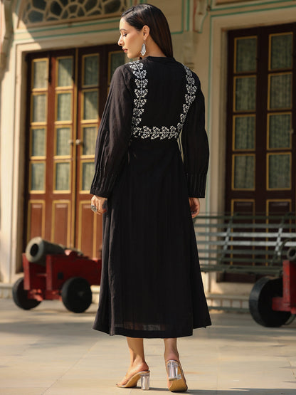Black Cotton Dobby Embroidered Flared Maxi Dress