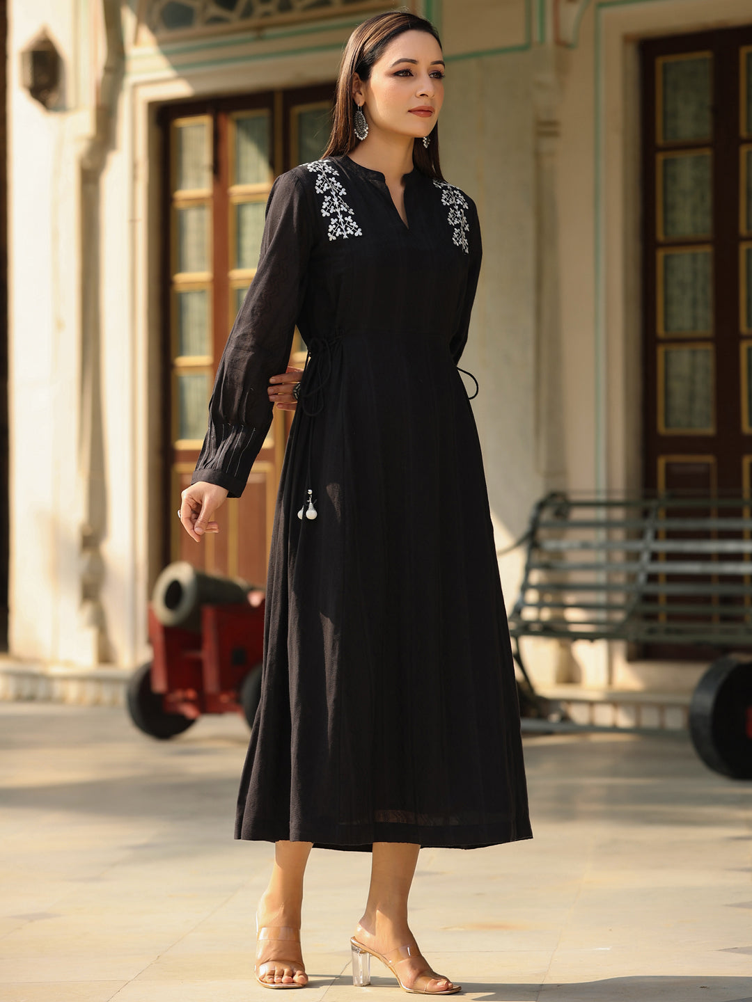 Black Cotton Dobby Embroidered Flared Maxi Dress