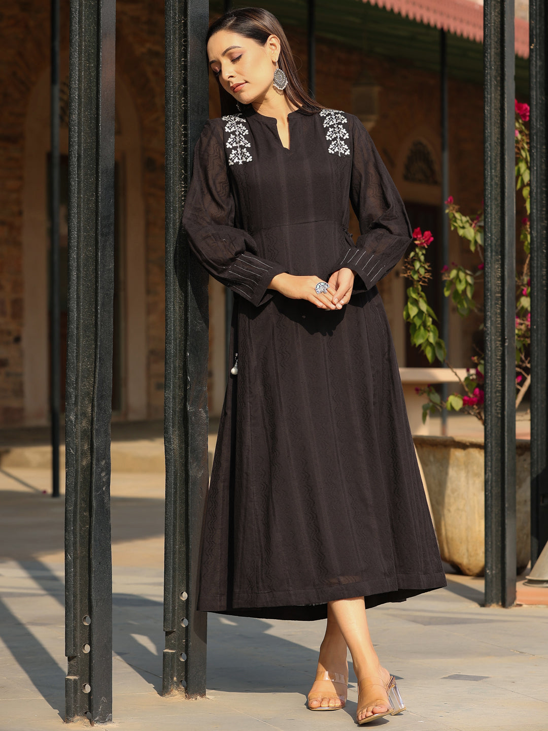 Black Cotton Dobby Embroidered Flared Maxi Dress