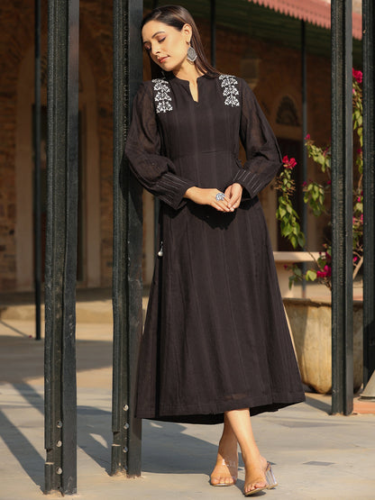 Black Cotton Dobby Embroidered Flared Maxi Dress