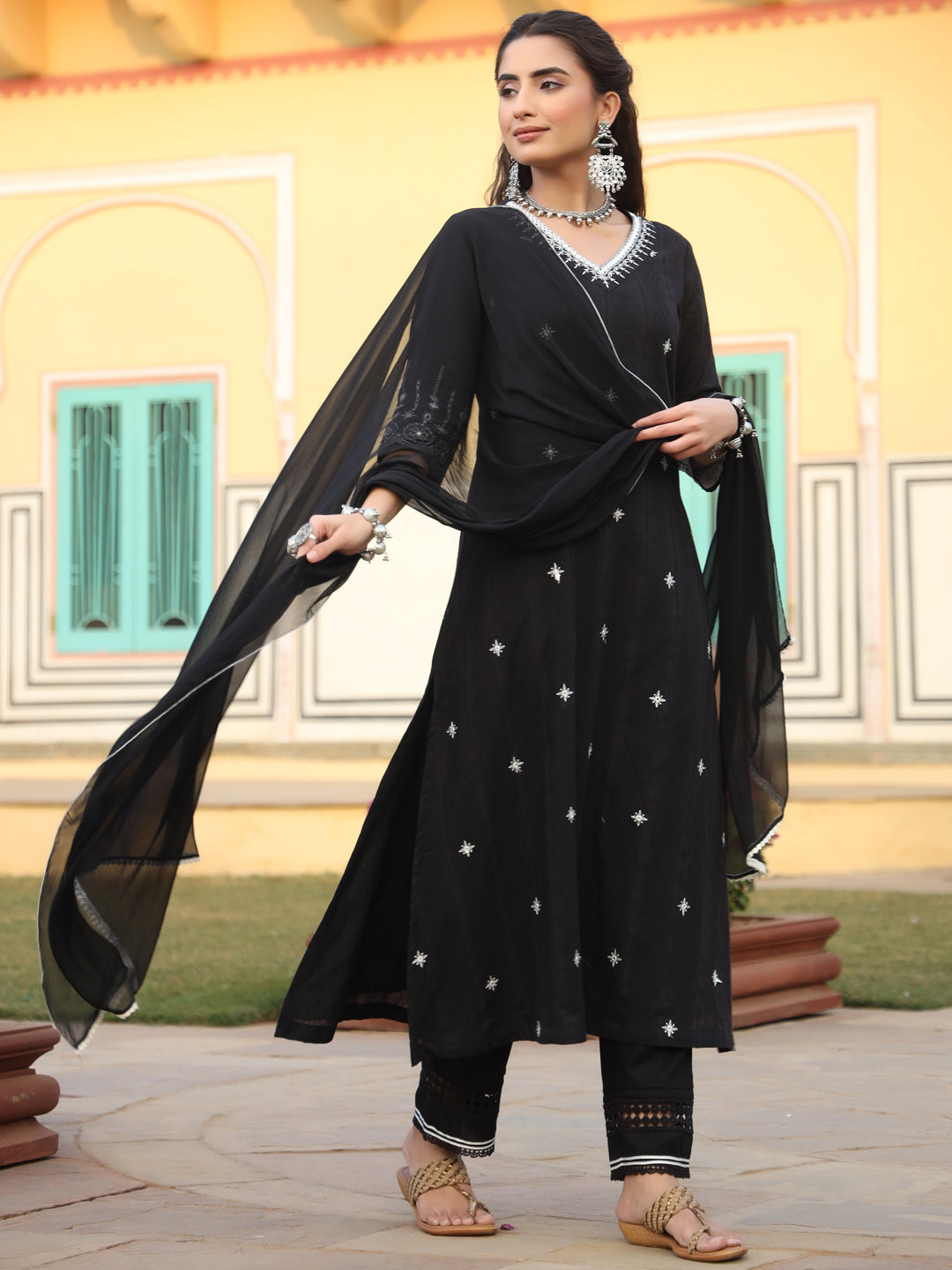 Black Cotton Dobby Embroidered A-Line Kurta, Pant & Dupatta Set