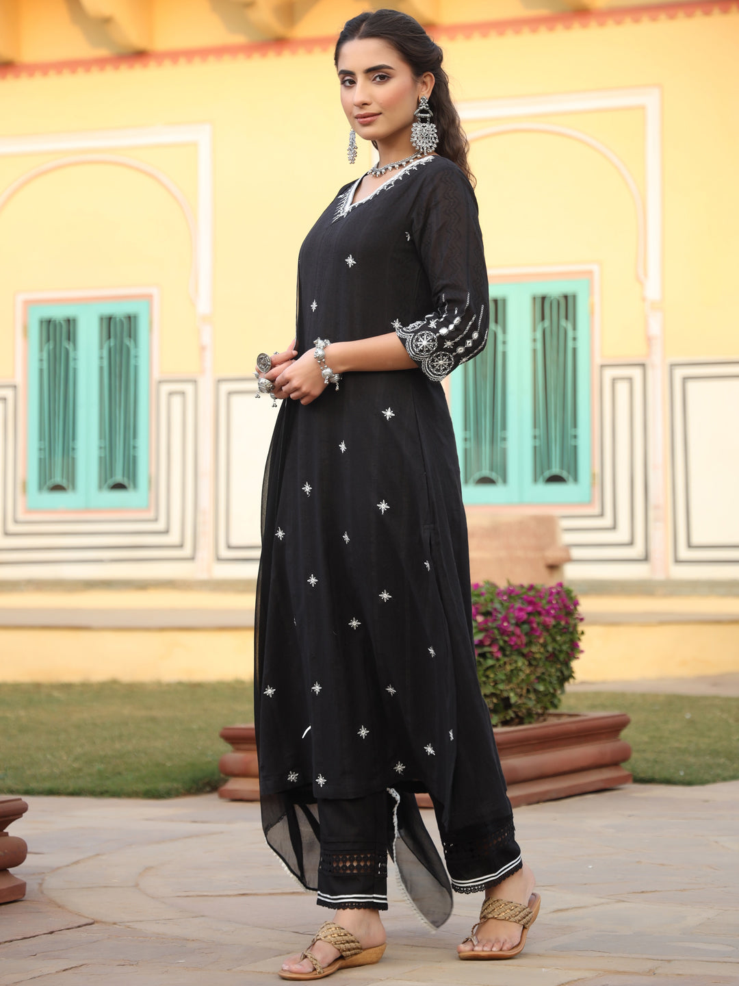 Black Cotton Dobby Embroidered A-Line Kurta, Pant & Dupatta Set