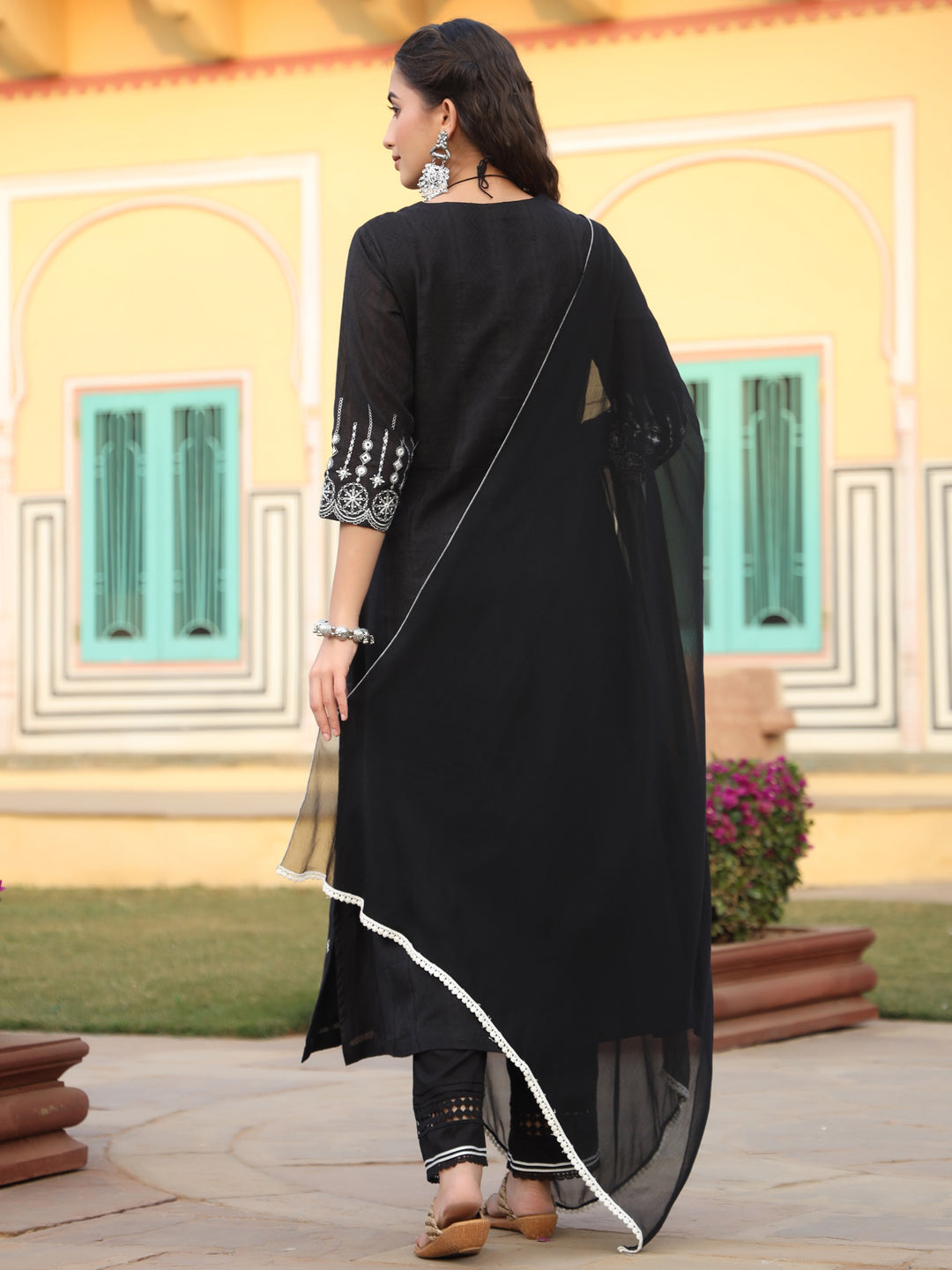 Black Cotton Dobby Embroidered A-Line Kurta, Pant & Dupatta Set