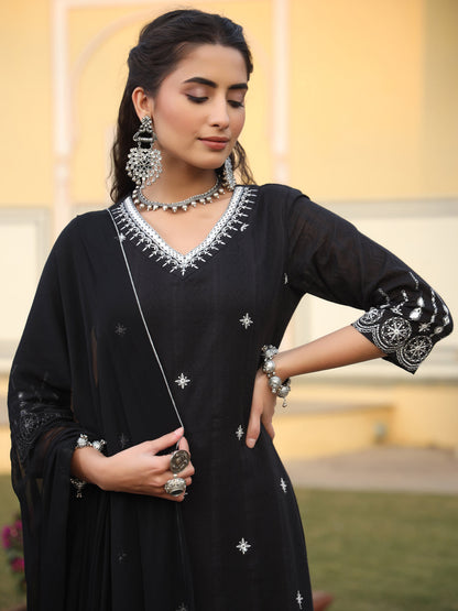 Black Cotton Dobby Embroidered A-Line Kurta, Pant & Dupatta Set