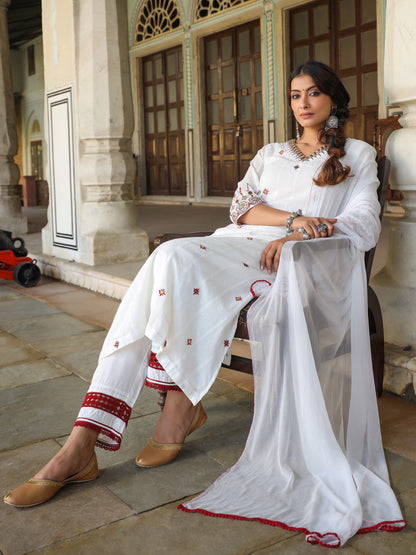 Multi-Coloured Cotton Dobby Embroidered A-Line Kurta, Pant & Dupatta Set