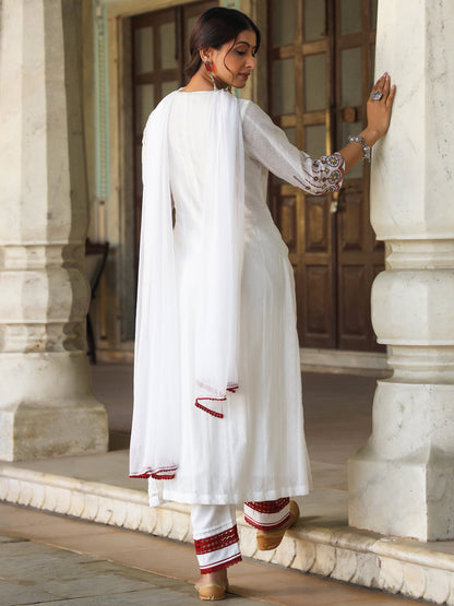 Multi-Coloured Cotton Dobby Embroidered A-Line Kurta, Pant & Dupatta Set