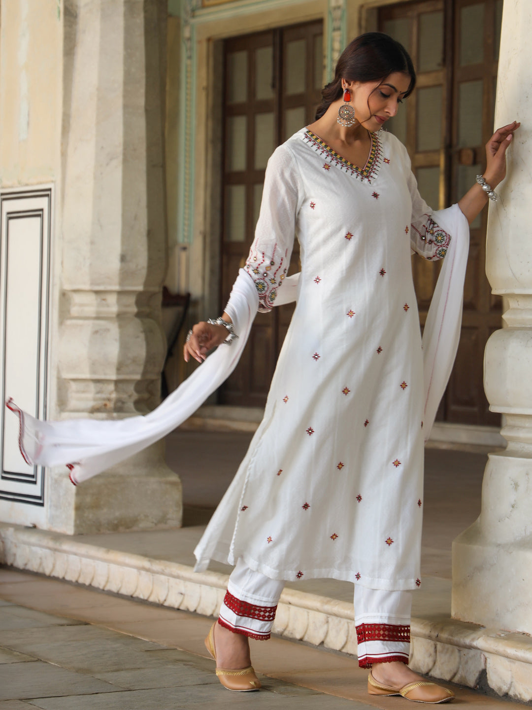 Multi-Coloured Cotton Dobby Embroidered A-Line Kurta, Pant & Dupatta Set