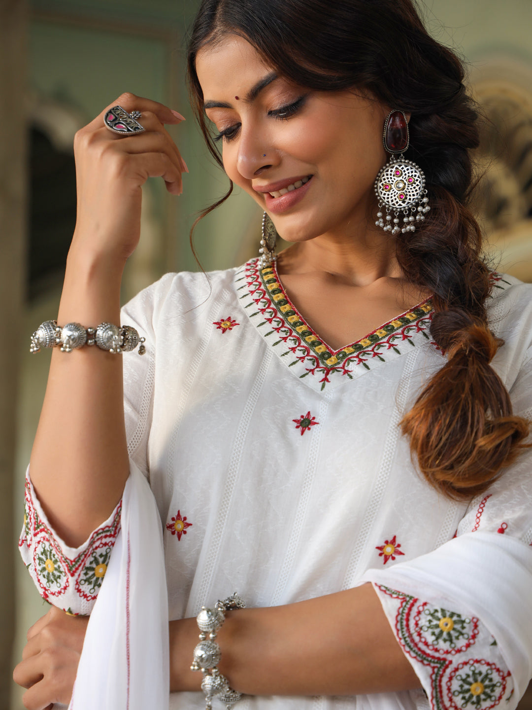 Multi-Coloured Cotton Dobby Embroidered A-Line Kurta, Pant & Dupatta Set