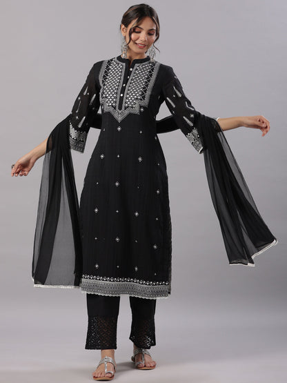 Black Cotton Dobby Embroidered Kurta, Pant & Dupatta Set