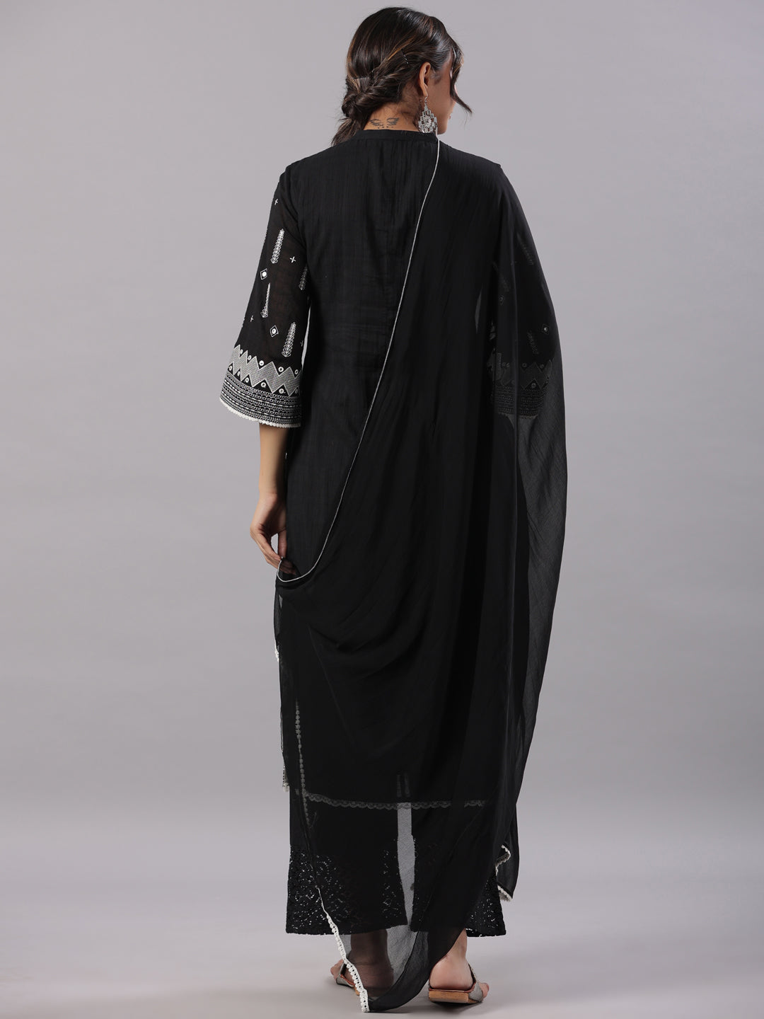 Black Cotton Dobby Embroidered Kurta, Pant & Dupatta Set
