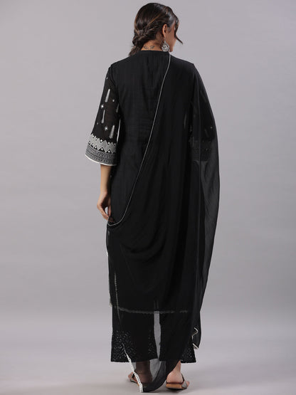 Black Cotton Dobby Embroidered Kurta, Pant & Dupatta Set