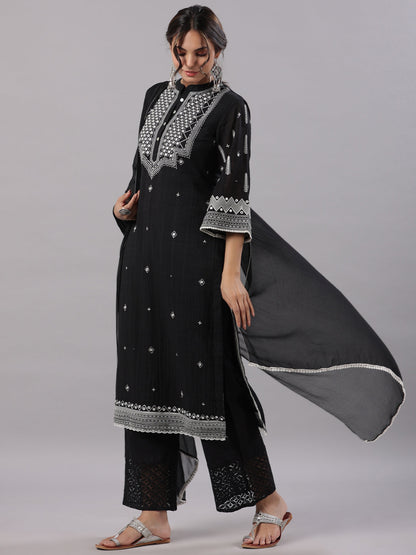 Black Cotton Dobby Embroidered Kurta, Pant & Dupatta Set