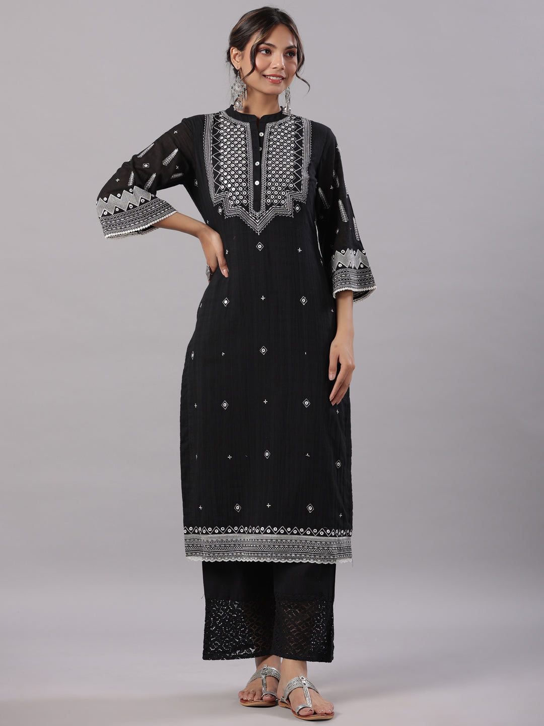 Black Cotton Dobby Embroidered Kurta, Pant & Dupatta Set