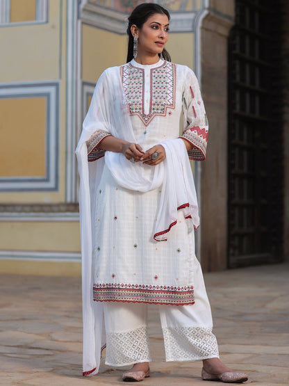 Multi-Coloured Cotton Dobby Embroidered Kurta, Pant & Dupatta Set